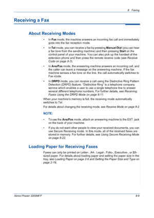 Page 1538 Faxing 
Xerox Phaser 3200MFP8-9
Receiving a Fax
About Receiving Modes
•In Fax mode, the machine answers an incoming fax call and immediately 
goes into the fax reception mode. 
•In Tel mode, you can receive a fax by pressing Manual Dial (you can hear 
a fax tone from the sending machine) and then pressing 
Start on the 
control panel of your machine. You can also pick up the handset of the 
extension phone and then press the remote receive code (see Receive 
Code on page 8-3).  
•In Ans/Fax mode, the...