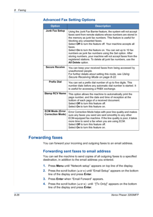 Page 1708 Faxing 
8-26Xerox Phaser 3200MFP
Advanced Fax Setting Options
Forwarding faxes
You can forward your incoming and outgoing faxes to an email address.
Forwarding sent faxes to email address
You can set the machine to send copies of all outgoing faxes to a specified 
destination, in addition to the email address you entered.
1.Press Menu until “Network setup” appears on top line of the display.
2.Press the scroll button (  or  ) until “Email Setup” appears on the bottom 
line of the display and press...