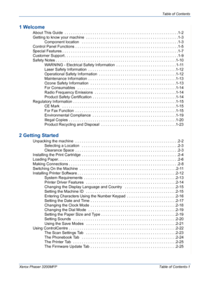 Page 3
Table of Contents
Xerox Phaser 3200MFP Table of Contents-1
1 Welcome
 About This Guide  . . . . . . . . . . . . . . . . . . . . . . . . . . . . . . . . . . . . . . . . . . . . . . . . . . . . .1-2
 Getting to know your machine  . . . . . . . . . . . . . . . . . . . . . . . . . . . . . . . . . . . . . . . . . . .1-3Component location   . . . . . . . . . . . . . . . . . . . . . . . . . . . . . . . . . . . . . . . . . . . . .1-3
 Control Panel Functions . . . . . . . . . . . . . . . . . . . . . . . . . . ....
