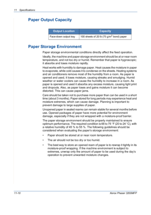 Page 22811 Specifications 
11-10Xerox Phaser 3200MFP
Paper Output Capacity
Paper Storage Environment
Paper storage environmental conditions directly affect the feed operation.
Ideally, the machine and paper storage environment should be at or near room 
temperature, and not too dry or humid. Remember that paper is hygroscopic; 
it absorbs and loses moisture rapidly.
Heat works with humidity to damage paper. Heat causes the moisture in paper 
to evaporate, while cold causes it to condense on the sheets. Heating...