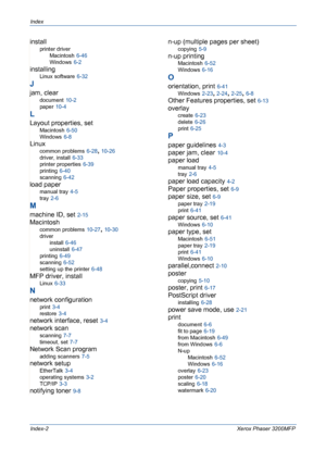 Page 234Index
Index-2Xerox Phaser 3200MFP
install
printer driver
Macintosh
 6-46
Windows
 6-2
installing
Linux software 6-32
J
jam, clear
document 10-2
paper
 10-4
L
Layout properties, set
Macintosh 6-50
Windows
 6-8
Linux
common problems 6-28, 10-26
driver, install
 6-33
printer properties
 6-39
printing
 6-40
scanning
 6-42
load paper
manual tray 4-5
tray
 2-6
M
machine ID, set 2-15
Macintosh
common problems 10-27, 10-30
driver
install
 6-46
uninstall
 6-47
printing
 6-49
scanning
 6-52
setting up the printer...