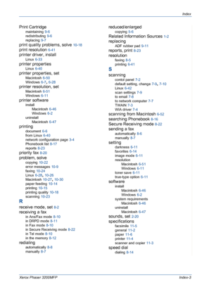 Page 235Index
Xerox Phaser 3200MFPIndex-3
Print Cartridge
maintaining 9-6
redistributing
 9-6
replacing
 9-7
print quality problems, solve 10-18
print resolution 6-41
printer driver, install
Linux 6-33
printer properties
Linux 6-40
printer properties, set
Macintosh 6-50
Windows
 6-7, 6-28
printer resolution, set
Macintosh 6-51
Windows
 6-11
printer software
install
Macintosh
 6-46
Windows
 6-2
uninstall
Macintosh
 6-47
printing
document 6-6
from Linux
 6-40
network configuration page
 3-4
Phonebook list
 8-17...