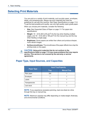 Page 644 Paper Handling 
4-2Xerox Phaser 3200MFP
Selecting Print Materials
You can print on a variety of print materials, such as plain paper, envelopes, 
labels, and transparencies. Always use print materials that meet the 
guidelines for use with this machine. See Paper Specifications on page 11-9. 
To get the best possible print quality, use only high-quality copier-grade paper.
When you choose print materials, consider the following:
•Size: See Supported Sizes of Paper on page 11-7 for paper size...