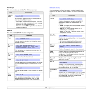 Page 212.6   
PostScript
This menu provides you with the Print PS Error menu item. 
EPSON
This menu sets the EPSON emulation configuration.
ItemExplanation
Print PS 
Error
You can select whether or not your printer prints an 
error list when a PS error occurs.
•Select On to print PS 3 emulation errors. If an error 
occurs, the job stops processing, the error message 
prints, and the printer flushes the job. 
• If this menu is set to Off, the job is flushed without an 
indication of the error.
ItemExplanation...