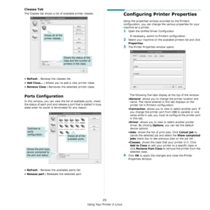 Page 90Using Your Printer in Linux
29
Classes Tab
The Classes tab shows a list of available printer classes.
•Refresh : Renews the classes list.
•
Add Class... : Allows you to add a new printer class.
•
Remove Class : Removes the selected printer class.
Ports Configuration
In this window, you can view the list of available ports, check 
the status of each port and release a port that is stalled in busy 
state when its owner is terminated for any reason.
•Refresh : Renews the available ports list.
•
Release port...