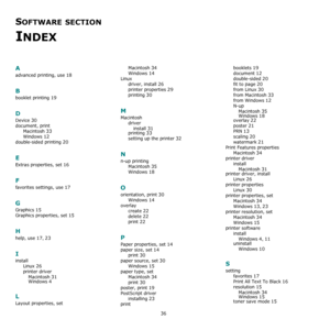 Page 9736
SOFTWARE SECTION 
INDEX
A
advanced printing, use 18
B
booklet printing 19
D
Device 30
document, print
Macintosh
 33
Windows 12
double-sided printing 20
E
Extras properties, set 16
F
favorites settings, use 17
G
Graphics 15
Graphics properties, set 15
H
help, use 17, 23
I
install
Linux
 26
printer driver
Macintosh
 31
Windows 4
L
Layout properties, setMacintosh
 34
Windows 14
Linux
driver, install
 26
printer properties 29
printing 30
M
Macintosh
driver
install
 31printing 33
setting up the printer 32...