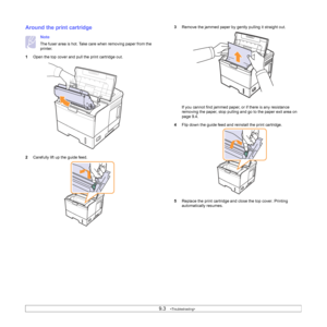 Page 509.3   
Around the print cartridge
Note
The fuser area is hot. Take care when removing paper from the 
printer.
1Open the top cover and pull the print cartridge out.
2Carefully lift up the guide feed.
3Remove the jammed paper by gently pulling it straight out.
If you cannot find jammed paper, or if there is any resistance 
removing the paper, stop pulling and go to the paper exit area on 
page 9.4.
4Flip down the guide feed and reinstall the print cartridge.
5Replace the print cartridge and close the top...