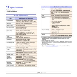 Page 6711.1   
11 Specifications
This chapter includes:
• Printer specifications
Printer specifications
ItemSpecifications and Description
Printing speed
aUp to 38 ppm (A4); Up to 40 ppm (Letter)
Duplex: Up to 26 ipm (A4); Up to 27 ipm (Letter)
Resolution
Up to 1200 x 1200 dpi effective output
Warm-up time
Less than 45 seconds
First print out time
Standby mode: 9 seconds 
Sleep mode: 40 seconds
Power rating
AC 110 - 127 V or AC 220 - 240 V
See the Rating label on the machine for the 
correct voltage, frequency...