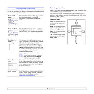 Page 151.4   
Finding more information
You can find information for setting up and using your from the following 
resources, either printed or onscreen.
Quick Install 
GuideProvides information on setting up your printer 
and, therefore, be sure to follow the 
instructions in the guide to get the printer 
ready.
Quick Use GuideProvides information on using your printer or 
cleaning jam and, therefore, be sure to follow 
the instructions in the guide to use the printer.
Online User’s 
GuideProvides you with...