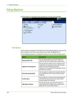 Page 1085 Network Scanning 
102Xerox Phaser 3635 User Guide
Filing Options
Use this feature to manage the file destinations, formats and metadata.
File Name
Use this option to change the File Name from the template default. Type your file 
name using the soft touch screen keypad, then select the Save button. 
Use the following options to configure the policy if the file name already exists:
OptionDescription
Rename New File
Use this option when you want the machine to 
name the new file (or folder) with a unique...