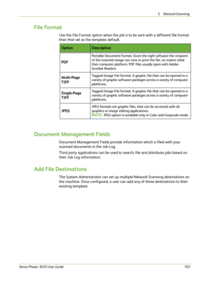 Page 1095 Network Scanning 
Xerox Phaser 3635 User Guide103
File Format
Use the File Format option when the job is to be sent with a different file format 
than that set as the template default.
Document Management Fields
Document Management Fields provide information which is filed with your 
scanned documents in the Job Log.
Third party applications can be used to search, file and distribute jobs based on 
their Job Log information.
Add File Destinations
The System Administrator can set up multiple Network...