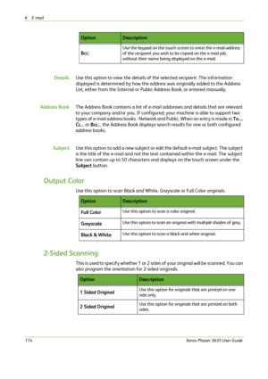 Page 1206E-mail 
114Xerox Phaser 3635 User Guide
DetailsUse this option to view the details of the selected recipient. The information 
displayed is determined by how the address was originally added to the Address 
List, either from the Internal or Public Address Book, or entered manually.
Address BookThe Address Book contains a list of e-mail addresses and details that are relevant 
to your company and/or you. If configured, your machine is able to support two 
types of e-mail address books - Network and...