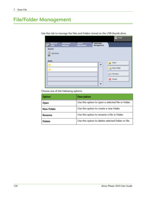 Page 1327Store File 
126Xerox Phaser 3635 User Guide
File/Folder Management
Use this tab to manage the files and folders stored on the USB thumb drive.
Choose one of the following options:
OptionDescription
OpenUse this option to open a selected file or folder.
New FolderUse this option to create a new folder.
RenameUse this option to rename a file or folder.
DeleteUse this option to delete selected folder or file.
Downloaded From ManualsPrinter.com Manuals 