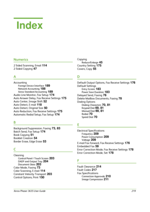 Page 225Xerox Phaser 3635 User Guide219
Numerics
2 Sided Scanning, Email 11 4
2-Sided Copying 47
A
Accounting
Foreign Device Interface 189
Network Accounting 188
Xerox Standard Accounting 189
Audio Line Monitor, Fax Setup 174
Auto Answer Delay, Fax Receive Settings 175
Auto Center, Image Shift 52
Auto Detect, E-mail 11 8
Auto Detect, Original Size 50
Auto Reduction, Fax Receive Settings 175
Automatic Redial Setup, Fax Setup 174
B
Background Suppression, Faxing 73, 83
Batch Send, Fax Setup 174
Book Copying 51...