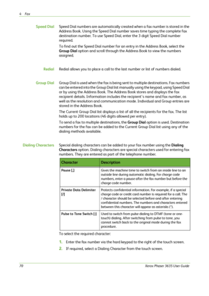 Page 764Fax 
70Xerox Phaser 3635 User Guide
Speed DialSpeed Dial numbers are automatically created when a fax number is stored in the 
Address Book. Using the Speed Dial number saves time typing the complete fax 
destination number. To use Speed Dial, enter the 3 digit Speed Dial number 
required.
To find out the Speed Dial number for an entry in the Address Book, select the 
Group Dial option and scroll through the Address Book to view the numbers 
assigned.
RedialRedial allows you to place a call to the last...