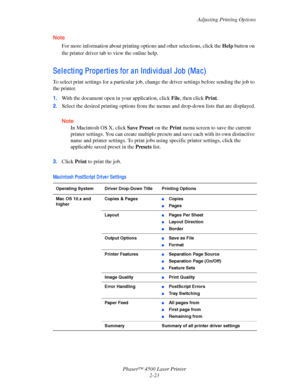 Page 54Adjusting Printing Options
Phaser™ 4500 Laser Printer
2-23
Note
For more information about printing options and other selections, click the Help button on 
the printer driver tab to view the online help.
Selecting Properties for an Individual Job (Mac)
To select print settings for a particular job, change the driver settings before sending the job to 
the printer.
1.With the document open in your application, click File, then click Print.
2.Select the desired printing options from the menus and drop-down...