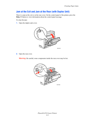 Page 115Clearing Paper Jams
Phaser® 4510 Laser Printer
6-9
Jam at the Exit and Jam at the Rear (with Duplex Unit)
There is a jam at the exit or at the rear cover. On the control panel of the printer, press the 
Help (?) button to view information about the control panel message.
To clear the jam:
1.Open the duplex unit cover.
2.Open the rear cover.
Warning:Be careful, some components inside the rear cover may be hot.
4510-018
4510-023
Downloaded From ManualsPrinter.com Manuals 