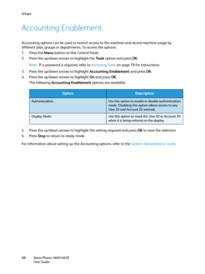 Page 88Setups
Xerox Phaser 4600/4620
User Guide 88
Accounting Enablement
Accounting options can be used to restrict access to the machine and record machine usage by 
different jobs, groups or departments. To access the options:
1. Press the Menu button on the Control Panel.
2. Press the up/down arrows to highlight the To o l s option and press OK.
Note If a password is required, refer to Accessing Tools on page 78 for instructions.
3. Press the up/down arrows to highlight Accounting Enablement and press OK.
4....