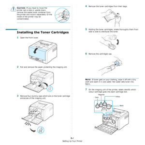 Page 12Setting Up Your Printer
2.2
CAUTION: If you have to move the 
printer laid a side or upside down, 
remove the waste toner container from 
the printer and move it separately. Or the 
inside of the printer may be 
contaminated.
Installing the Toner Cartridges
1Open the front cover.
2Pull and remove the paper protecting the imaging unit.
3Remove four dummy caps which are on the toner cartridge 
entrances of the imaging unit.
4Remove the toner cartridges from their bags.
5Holding the toner cartridges, shake...