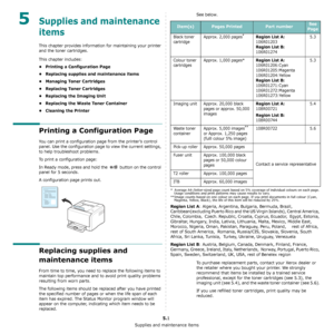 Page 25Supplies and maintenance items
5.1
5Supplies and maintenance 
items
This chapter provides information for maintaining your printer 
and the toner cartridges. 
This chapter includes:
• Printing a Configuration Page
• Replacing supplies and maintenance items
• Managing Toner Cartridges
• Replacing Toner Cartridges
• Replacing the Imaging Unit
• Replacing the Waste Toner Container
• Cleaning the Printer
Printing a Configuration Page
You can print a configuration page from the printer’s control 
panel. Use...