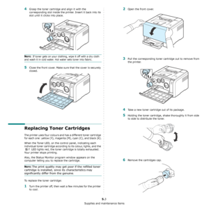 Page 27Supplies and maintenance items
5.3
4Grasp the toner cartridge and align it with the 
corresponding slot inside the printer. Insert it back into its 
slot until it clicks into place.
NOTE: If toner gets on your clothing, wipe it off with a dry cloth 
and wash it in cold water. Hot water sets toner into fabric.
5Close the front cover. Make sure that the cover is securely 
closed.
Replacing Toner Cartridges
The printer uses four colours and has a different toner cartridge 
for each one: yellow (Y), magenta...