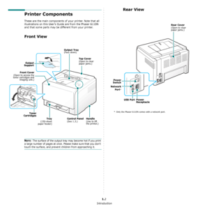 Page 9Introduction
1.2
Printer Components
These are the main components of your printer. Note that all 
illustrations on this User’s Guide are from the Phaser 6110N 
and that some parts may be different from your printer.
Front View
NOTE: The surface of the output tray may become hot if you print 
a large number of pages at once. Please make sure that you don’t 
touch the surface, and prevent children from approaching it.
Output Tray(Face down)
Top Cover (Open to clear 
paper jams.)
Tray(150-sheet
paper...