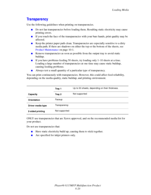Page 104Loading Media
Phaser® 6115MFP Multifunction Product
6-20
Transparency
Use the following guidelines when printing on transparencies.
■Do not fan transparencies before loading them. Resulting static electricity may cause 
printing errors.
■If you touch the face of the transparencies with your bare hands, print quality may be 
affected.
■Keep the printer paper path clean. Transparencies are especially sensitive to a dirty 
media path. If there are shadows on either the top or the bottom of the sheets, see...