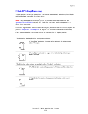 Page 112Options
Phaser® 6115MFP Multifunction Product
6-28
2-Sided Printing (Duplexing)
2-sided printing can be done manually or can be done automatically with the optional duplex 
unit installed and enabled in the printer driver.
Note:Only plain paper, 60 to 90 g/m
2 (16 to 24 lb. bond) can be auto duplexed. See 
Supported Paper and Media on page 6-2. Duplexing envelopes, labels, transparencies, or 
glossy is not supported.
Ensure the duplex unit is installed and enabled by the printer driver to successfully...