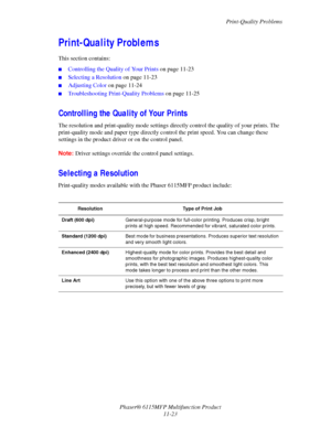 Page 196Print-Quality Problems
Phaser® 6115MFP Multifunction Product
11-23
Print-Quality Problems
This section contains:
■Controlling the Quality of Your Prints on page 11-23
■Selecting a Resolution on page 11-23
■Adjusting Color on page 11-24
■Troubleshooting Print-Quality Problems on page 11-25
Controlling the Quality of Your Prints
The resolution and print-quality mode settings directly control the quality of your prints. The 
print-quality mode and paper type directly control the print speed. You can change...