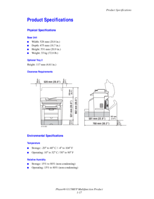 Page 25Product Specifications
Phaser® 6115MFP Multifunction Product
1-17
Product Specifications
Physical Specifications
Base Unit
■Width: 528 mm (20.8 in.)
■Depth: 475 mm (18.7 in.)
■Height: 531 mm (20.9 in.)
■Weight: 33 kg (72.8 lb.)
Optional Tray 2
Height: 117 mm (4.61 in.)
Clearance Requirements
Environmental Specifications
Temperature
■Storage: -20o to 40o C / -4o to 104o F
■Operating: 10o to 32o C / 50o to 90o F
Relative Humidity
■Storage: 15% to 80% (non-condensing)
■Operating: 15% to 80%...