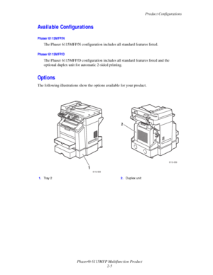 Page 34Product Configurations
Phaser® 6115MFP Multifunction Product
2-5
Available Configurations
Phaser 6115MFP/N
The Phaser 6115MFP/N configuration includes all standard features listed.
Phaser 6115MFP/D
The Phaser 6115MFP/D configuration includes all standard features listed and the 
optional duplex unit for automatic 2-sided printing.
Options
The following illustrations show the options available for your product. 
1.Tr a y  22.Duplex unit 
1
6115-008
2
6115-009
Downloaded From ManualsPrinter.com Manuals 