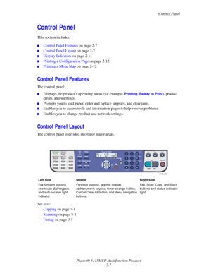 Page 36Control Panel
Phaser® 6115MFP Multifunction Product
2-7
Control Panel
This section includes:
■Control Panel Features on page 2-7
■Control Panel Layout on page 2-7
■Display Indicators on page 2-11
■Printing a Configuration Page on page 2-12
■Printing a Menu Map on page 2-12
Control Panel Features
The control panel:
■Displays the product’s operating status (for example, Printing, Ready to Print), product 
errors, and warnings.
■Prompts you to load paper, order and replace supplies, and clear jams.
■Enables...