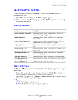 Page 82Specifying Print Settings
Phaser® 6115MFP Multifunction Product
5-13
Specifying Print Settings
The following dialog box appears when Print... is selected from the File menu in the 
application being used.
1.Select Print... from the File menu, the Print dialog box appears.
2.Select your printer in the Printer pop-up menu. The Print dialog box is used to specify 
the following print options.
Print Dialog Description
Copies and Pages
The Copies and Pages section is used to specify the number of copies to...