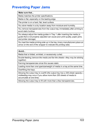 Page 110Preventing Paper Jams 103
Preventing Paper Jams
Make sure that...
Media matches the printer specifications.
Media is flat, especially on the leading edge.
The printer is on a hard, flat, level surface.
You store media in a dry location away from moisture and humidity.
You remove transparencies from the output tray immediately after printing to 
avoid static buildup.
You always adjust the media guides in Tray 1 after inserting the media (a 
guide that is not properly adjusted can cause poor print quality,...