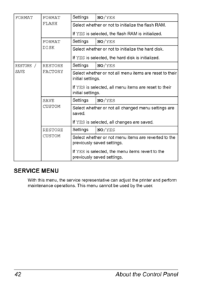 Page 49About the Control Panel 42
SERVICE MENU
With this menu, the service representative can adjust the printer and perform 
maintenance operations. This menu cannot be used by the user.
FORMATFORMAT 
FLASHSettingsNO/YES
Select whether or not to initialize the flash RAM.
If YES is selected, the flash RAM is initialized.
FORMAT 
DISKSettingsNO/YES
Select whether or not to initialize the hard disk.
If YES is selected, the hard disk is initialized.
RESTORE /
SAVERESTORE 
FACTORYSettingsNO/YES
Select whether or...