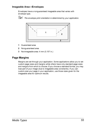 Page 62Media Types 55
Imageable Area—Envelopes
Envelopes have a nonguaranteed imageable area that varies with 
envelope
 type.
The envelope print orientation is determined by your application.
1Guaranteed area
2Nonguaranteed area
3Nonimageable area: 4 mm (0.157 in.)
Page Margins
Margins are set through your application. Some applications allow you to set 
custom page sizes and margins while others have only standard page sizes 
and margins from which to choose. If you choose a standard format, you may 
lose...