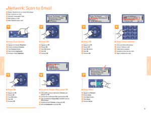 Page 109www.xerox.com/ofce/6121MFP support
Scanning
Scanning
124
Scan T o:Email  100%
R esolution:150dpi
Original:Mixed
      Selec t
3
Scan To:Email      1/2
  PC:Scan Dashboar d
  Email
  USB Memory
57
Email Address
     :xyzcorp@ab _
Back=Delet e
F inish=OK         [A ...
]
6
Email Address
  Finish
  Check/Edit
  Add Another
 
Scan T o:Email  100%
R esolution:150dpi
Original:Mixed
  Scan=St art
EN
FR
IT
DE
ES
PT
Network: Scan to Email
Réseau : Numériser vers un courrier électr onique
Re te: Scansione su...