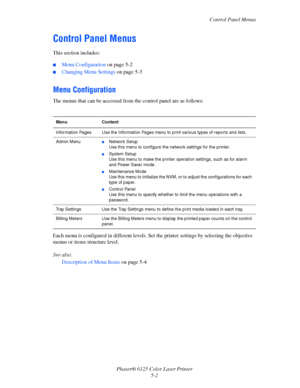 Page 72Control Panel Menus
Phaser® 6125 Color Laser Printer
5-2
Control Panel Menus
This section includes:
 ■Menu Configuration on page 5-2
■Changing Menu Settings on page 5-3
Menu Configuration
The menus that can be accessed from the control panel are as follows:
Each menu is configured in different levels. Set the printer settings by selecting the objective 
menus or items structure level.
See also: 
Description of Menu Items on page 5-4
Menu Content
Information Pages Use the Information Pages menu to print...