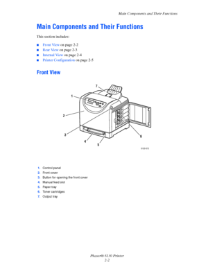 Page 21Main Components and Their Functions
Phaser® 6130 Printer
2-2
Main Components and Their Functions
This section includes:
 ■Front View on page 2-2
■Rear View on page 2-3
■Internal View on page 2-4
■Printer Configuration on page 2-5
Front View
1.Control panel
2.Front cover
3.Button for opening the front cover
4.Manual feed slot
5.Paper tray
6.Toner cartridges
7.Output tray
1
7
6
2
3
45
6130-073
Downloaded From ManualsPrinter.com Manuals 