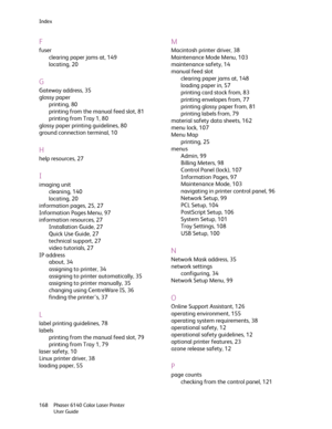 Page 168Index
Phaser 6140 Color Laser Printer
User Guide 168
F
fuser
clearing paper jams at, 149
locating, 20
G
Gateway address, 35
glossy paper
printing, 80
printing from the manual feed slot, 81
printing from Tray 1, 80
glossy paper printing guidelines, 80
ground connection terminal, 10
H
help resources, 27
I
imaging unit
cleaning, 140
locating, 20
information pages, 25, 27
Information Pages Menu, 97
information resources, 27
Installation Guide, 27
Quick Use Guide, 27
technical support, 27
video tutorials, 27...