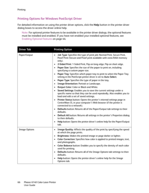 Page 66Printing
Phaser 6140 Color Laser Printer
User Guide 66
Printing Options for Windows PostScript Driver
For detailed information on using the printer driver options, click the Help button in the printer driver 
dialog boxes to access the driver online help.
Note:For optional printer features to be available in the printer driver dialogs, the optional features 
must be installed and enabled. If you have not enabled your installed optional features, see 
Enabling Optional Features on page 44.
Driver...