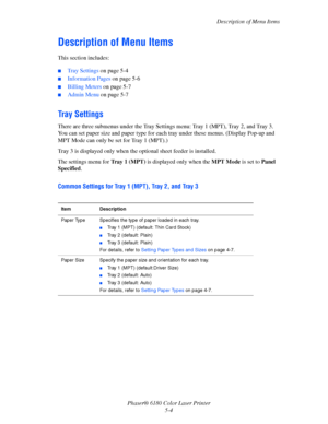 Page 92Description of Menu Items
Phaser® 6180 Color Laser Printer
5-4
Description of Menu Items
This section includes:
■Tray Settings on page 5-4
■Information Pages on page 5-6
■Billing Meters on page 5-7
■Admin Menu on page 5-7
Tray Settings
There are three submenus under the Tray Settings menu: Tray 1 (MPT), Tray 2, and Tray 3. 
You can set paper size and paper type for each tray under these menus. (Display Pop-up and 
MPT Mode can only be set for Tray 1 (MPT).)
Tray 3 is displayed only when the optional...