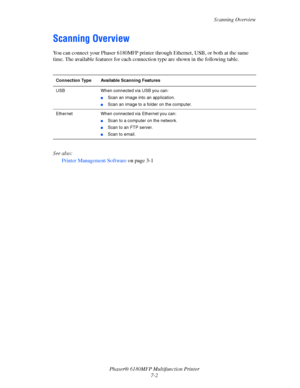 Page 124Scanning Overview
Phaser® 6180MFP Multifunction Printer 
7-2
Scanning Overview
You can connect your Phaser 6180MFP printer through Ethernet, USB, or both at the same 
time. The available features for each connection type are shown in the following table.
See also: 
Printer Management Software on page 3-1
Connection Type Available Scanning Features
USB When connected via USB you can:
■Scan an image into an application.
■Scan an image to a folder on the computer.
Ethernet When connected via Ethernet you...