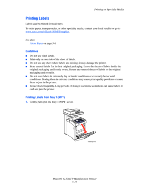 Page 94Printing on Specialty Media
Phaser® 6180MFP Multifunction Printer 
5-31
Printing Labels
Labels can be printed from all trays.
To order paper, transparencies, or other specialty media, contact your local reseller or go to 
www.xerox.com/office/6180MFPsupplies
.
 
See also: 
About Paper on page 5-6
Guidelines
■Do not use vinyl labels.
■Print only on one side of the sheet of labels.
■Do not use any sheet where labels are missing; it may damage the printer.
■Store unused labels flat in their original...