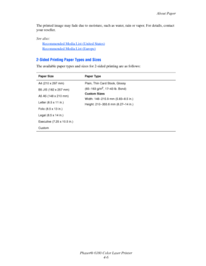 Page 49About Paper
Phaser® 6180 Color Laser Printer
4-6 The printed image may fade due to moisture, such as water, rain or vapor. For details, contact 
your reseller.
See also: 
Recommended Media List (United States)
Recommended Media List (Europe)
2-Sided Printing Paper Types and Sizes
The available paper types and sizes for 2-sided printing are as follows:
Paper Size Paper Type
A4 (210 x 297 mm) Plain, Thin Card Stock, Glossy
(65
–163 g/m2, 17–43 lb. Bond)
Custom Sizes
Width: 148
–215.9 mm (5.83–8.5 in.)...