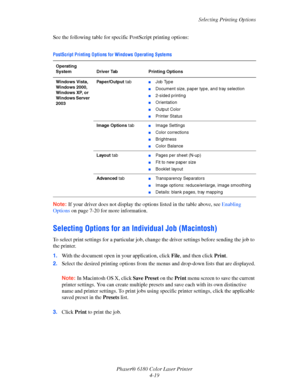 Page 62Selecting Printing Options
Phaser® 6180 Color Laser Printer
4-19 See the following table for specific PostScript printing options:
Note:If your driver does not display the options listed in the table above, see Enabling 
Options on page 7-20 for more information.
Selecting Options for an Individual Job (Macintosh)
To select print settings for a particular job, change the driver settings before sending the job to 
the printer.
1.With the document open in your application, click File, and then click...