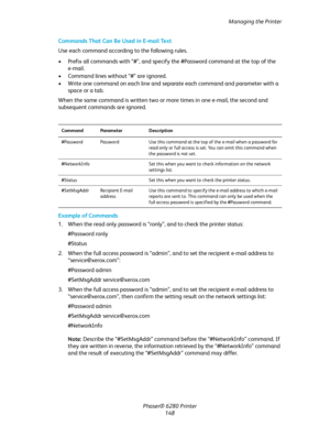 Page 147Managing the Printer
Phaser® 6280 Printer
148 Commands That Can Be Used in E-mail Text
Use each command according to the following rules.
• Prefix all commands with “#”, and specify the #Password command at the top of the 
e-mail.
• Command lines without “#” are ignored.
• Write one command on each line and separate each command and parameter with a 
space or a tab.
When the same command is written two or more times in one e-mail, the second and 
subsequent commands are ignored.
Example of Commands
1....