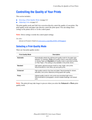 Page 70Controlling the Quality of Your Prints
Phaser® 6300/6350 Color Laser Printer
4-2
Controlling the Quality of Your Prints
This section includes:
■Selecting a Print-Quality Mode on page 4-2
■Adjusting Color on page 4-3
The print-quality mode and TekColor
 correction directly control the quality of your prints. The 
print-quality mode and paper type directly control the print speed. You can change these 
settings in the printer driver or on the control panel.
Note:Driver settings override the control panel...