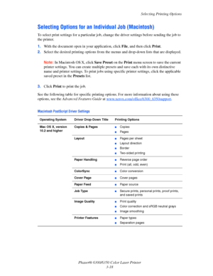 Page 45Selecting Printing Options
Phaser® 6300/6350 Color Laser Printer
3-18
Selecting Options for an Individual Job (Macintosh)
To select print settings for a particular job, change the driver settings before sending the job to 
the printer.
1.With the document open in your application, click File, and then click Print.
2.Select the desired printing options from the menus and drop-down lists that are displayed.
Note:In Macintosh OS X, click Save Preset on the Print menu screen to save the current 
printer...