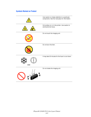 Page 107Phaser® 6300/6350 Color Laser Printer
A-6
Symbols Marked on Product
Use caution (or draws attention to a particular 
component). See the manual(s) for information. 
Hot surface on or in the printer. Use caution to 
avoid personal injury.
Do not touch the imaging unit.
Do not burn the item.
It may take 30 minutes for the fuser to cool down.
Do not shake the imaging unit.
00:30
Downloaded From ManualsPrinter.com Manuals 